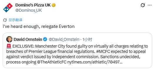 达美乐披萨：看看我们对曼城同情的披萨 我受够了埃弗顿降级吧